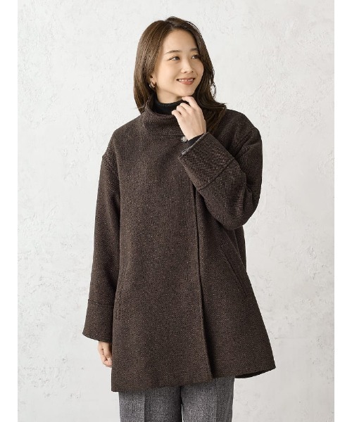 ホームスパン　ミドルスタンド　ウールコート　ブラウン/ブラック