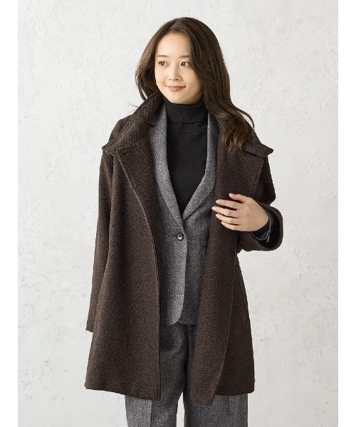 ホームスパン　ミドルスタンド　ウールコート　ブラウン/ブラック