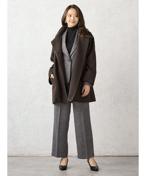 ホームスパン　ミドルスタンド　ウールコート　ブラウン/ブラック