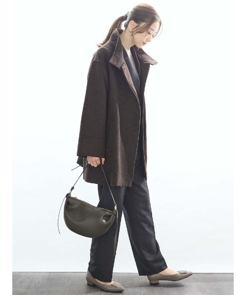 ホームスパン　ミドルスタンド　ウールコート　ブラウン/ブラック