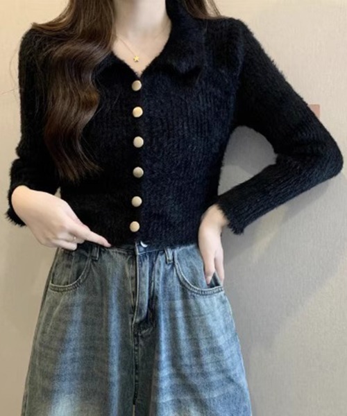 Miniministore(ミニミニストア)の「シャギーカーディガンゴールドボタン韓国風(ニット/セーター・レディース・ブラック/ライトベージュ・FREE)」の1枚目の写真