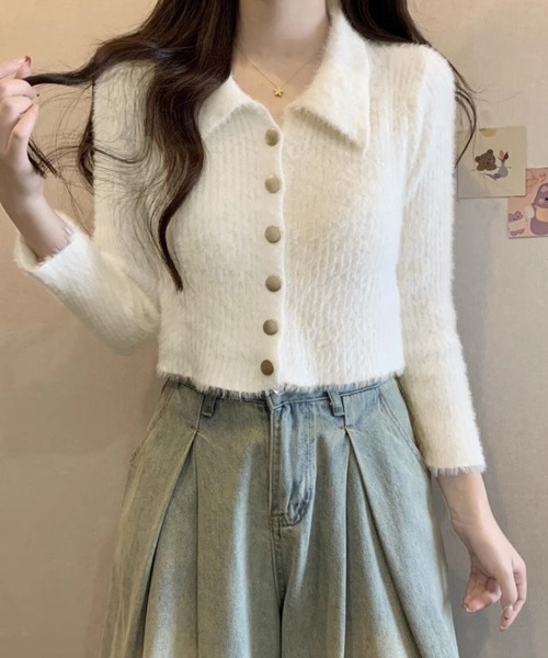 Miniministore(ミニミニストア)の「シャギーカーディガンゴールドボタン韓国風(ニット/セーター・レディース・ブラック/ライトベージュ・FREE)」の3枚目の写真