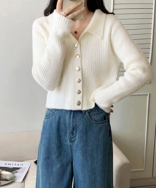 Miniministore(ミニミニストア)の「シャギーカーディガンゴールドボタン韓国風(ニット/セーター・レディース・ブラック/ライトベージュ・FREE)」の4枚目の写真