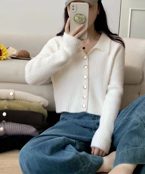 Miniministore(ミニミニストア)の「シャギーカーディガンゴールドボタン韓国風(ニット/セーター・レディース・ブラック/ライトベージュ・FREE)」の5枚目の写真