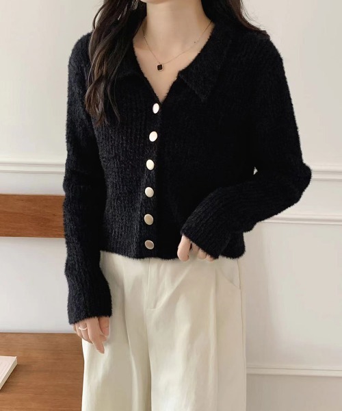 Miniministore(ミニミニストア)の「シャギーカーディガンゴールドボタン韓国風(ニット/セーター・レディース・ブラック/ライトベージュ・FREE)」の6枚目の写真