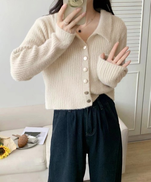 Miniministore(ミニミニストア)の「シャギーカーディガンゴールドボタン韓国風(ニット/セーター・レディース・ブラック/ライトベージュ・FREE)」の7枚目の写真