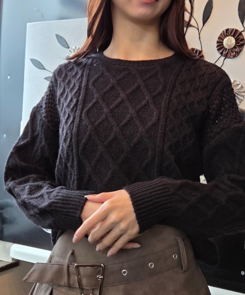 tolene(トレネ)の「ケーブル編み クロップド丈 ニットトップス(ニット/セーター・レディース・ブラウン/ホワイト/ブラック・FREE)」の13枚目の写真
