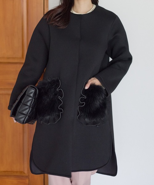 ［新品未使用］Neigeネージュ　コート セール】フリルファーポケットコート（ノーカラーコート）｜Neige