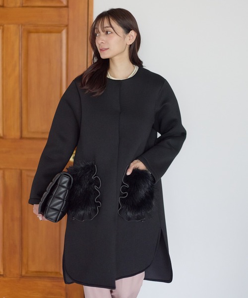 セール】フリルファーポケットコート（ノーカラーコート）｜Neige