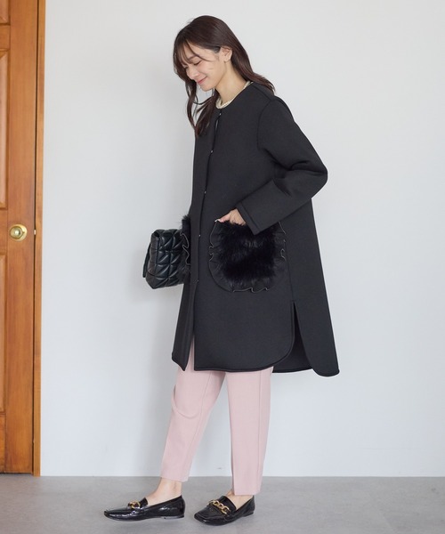 セール】フリルファーポケットコート（ノーカラーコート）｜Neige