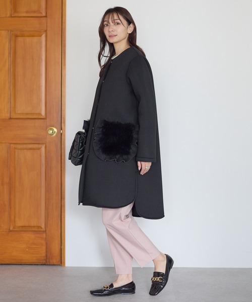 セール】フリルファーポケットコート（ノーカラーコート）｜Neige