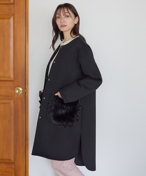 ［新品未使用］Neigeネージュ　コート セール】フリルファーポケットコート（ノーカラーコート）｜Neige