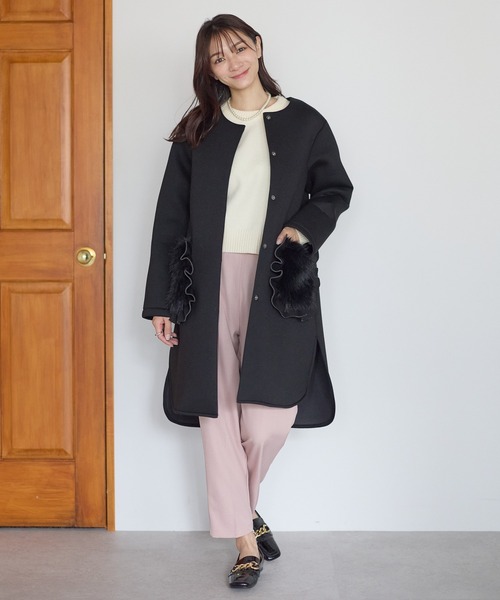 セール】フリルファーポケットコート（ノーカラーコート）｜Neige