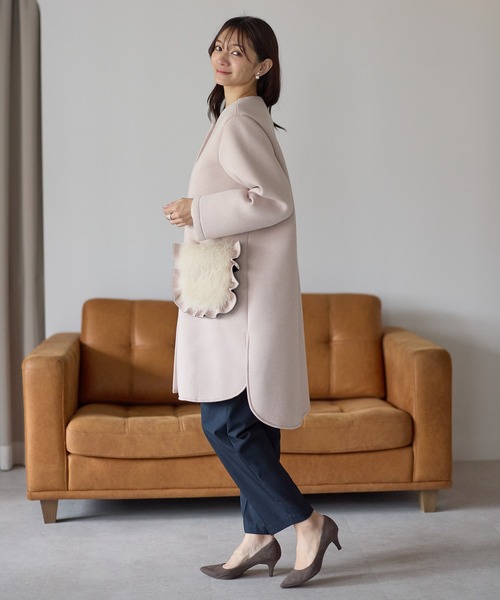 セール】フリルファーポケットコート（ノーカラーコート）｜Neige