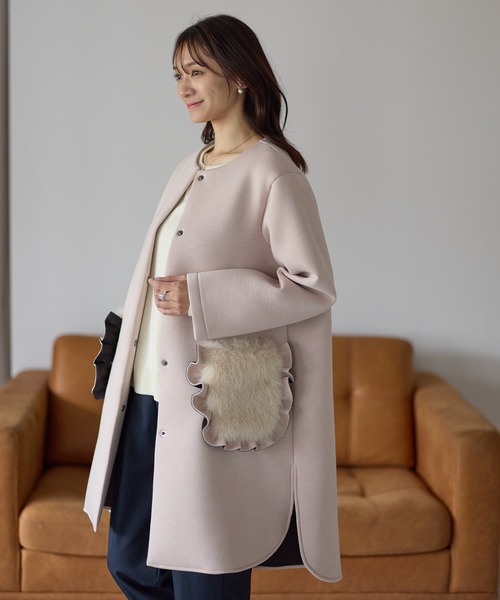 セール】フリルファーポケットコート（ノーカラーコート）｜Neige