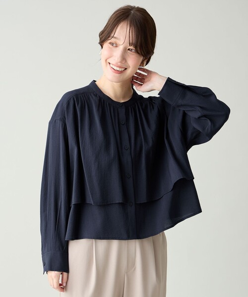 ANY（エニィ）の「ラッフルクロップドシャツ（シャツ/ブラウス・レディース・ネイビー系/ライトイエロー系/アイボリー系・F）」の2枚目の写真