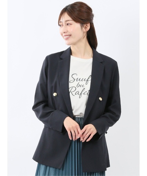 m.f.editorial(エムエフエディトリアル)の「【シアー素材 軽量 ウォッシャブル】m.f.エディトリアル レディース 麻調合繊 ダブル ジャケット 紺(テーラードジャケット・レディース・ネイビー・MEDIUM/LARGE)」の1枚目の写真