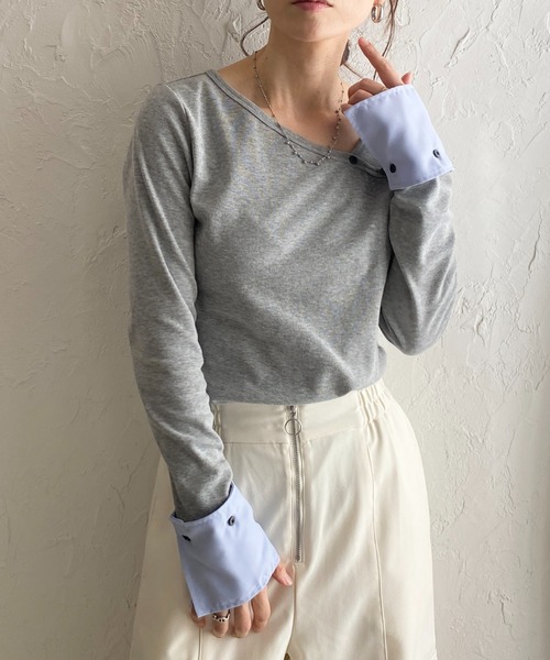 She's Closet(シーズクローゼット)の「長袖 配色バイカラー カフスシャツ レイヤード風トップス(Tシャツ/カットソー・レディース・杢グレー/ブラック/アイボリー・FREE)」の3枚目の写真