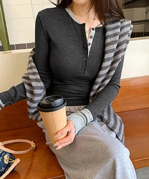 SallyLunn（サリーラン）の「配色ヘンリーネック リブトップス（シャツ/ブラウス・レディース・ブラック/ブラウン/レッド・FREE）」の3枚目の写真
