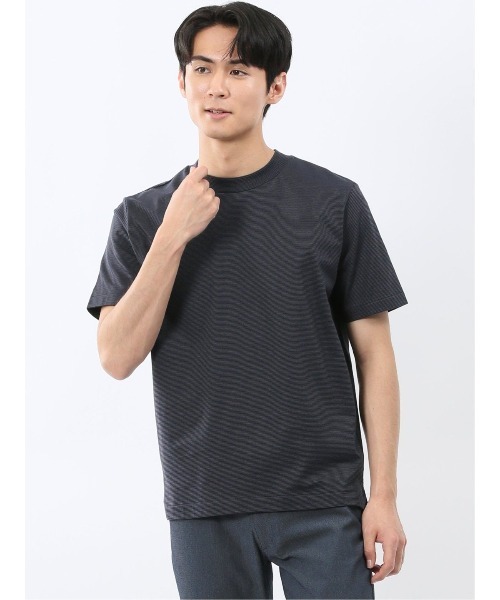 TAKA-Q(タカキュー)の「Tシャツ メンズ 半袖 ストレッチ 接触冷感 抗菌防臭 UV 綿 コットン ボーダー シルケット スムス クルーネック ドレスT(Tシャツ/カットソー・メンズ・ネイビー/ライトグレー・MEDIUM/S/LARGE/X-LARGE)」の1枚目の写真