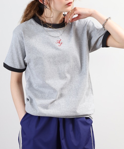 ＆soiree（アンドソワレ）の「&soiree ロゴ刺繍リンガーTシャツ 半袖（Tシャツ/カットソー・レディース・スミクロ/アイボリー/杢グレー・FREE）」の3枚目の写真