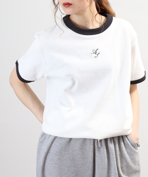 ＆soiree（アンドソワレ）の「&soiree ロゴ刺繍リンガーTシャツ 半袖（Tシャツ/カットソー・レディース・スミクロ/アイボリー/杢グレー・FREE）」の13枚目の写真