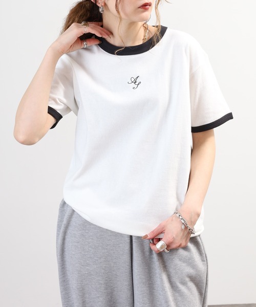 ＆soiree（アンドソワレ）の「&soiree ロゴ刺繍リンガーTシャツ 半袖（Tシャツ/カットソー・レディース・スミクロ/アイボリー/杢グレー・FREE）」の14枚目の写真