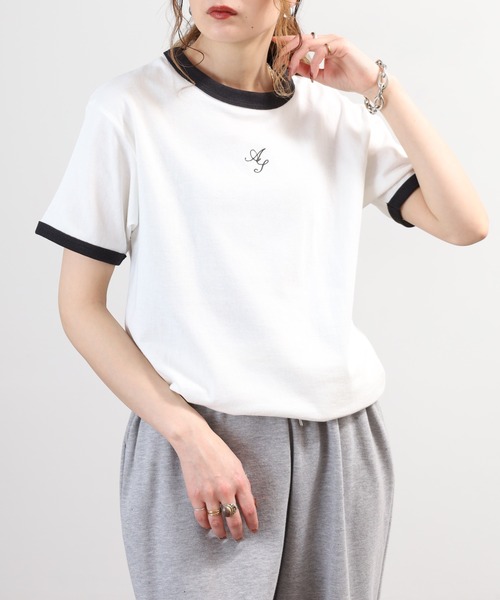＆soiree（アンドソワレ）の「&soiree ロゴ刺繍リンガーTシャツ 半袖（Tシャツ/カットソー・レディース・スミクロ/アイボリー/杢グレー・FREE）」の15枚目の写真