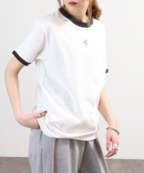 ＆soiree（アンドソワレ）の「&soiree ロゴ刺繍リンガーTシャツ 半袖（Tシャツ/カットソー・レディース・スミクロ/アイボリー/杢グレー・FREE）」の16枚目の写真