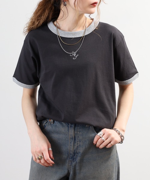 ＆soiree（アンドソワレ）の「&soiree ロゴ刺繍リンガーTシャツ 半袖（Tシャツ/カットソー・レディース・スミクロ/アイボリー/杢グレー・FREE）」の19枚目の写真