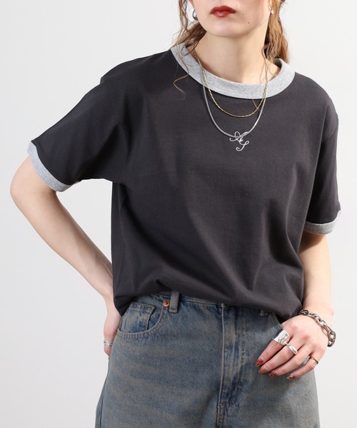 ＆soiree（アンドソワレ）の「&soiree ロゴ刺繍リンガーTシャツ 半袖（Tシャツ/カットソー・レディース・スミクロ/アイボリー/杢グレー・FREE）」の20枚目の写真