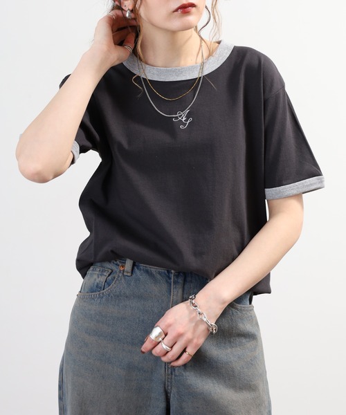 ＆soiree（アンドソワレ）の「&soiree ロゴ刺繍リンガーTシャツ 半袖（Tシャツ/カットソー・レディース・スミクロ/アイボリー/杢グレー・FREE）」の21枚目の写真