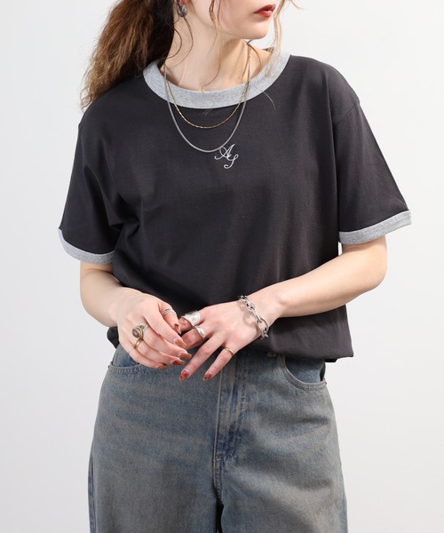 ＆soiree（アンドソワレ）の「&soiree ロゴ刺繍リンガーTシャツ 半袖（Tシャツ/カットソー・レディース・スミクロ/アイボリー/杢グレー・FREE）」の22枚目の写真