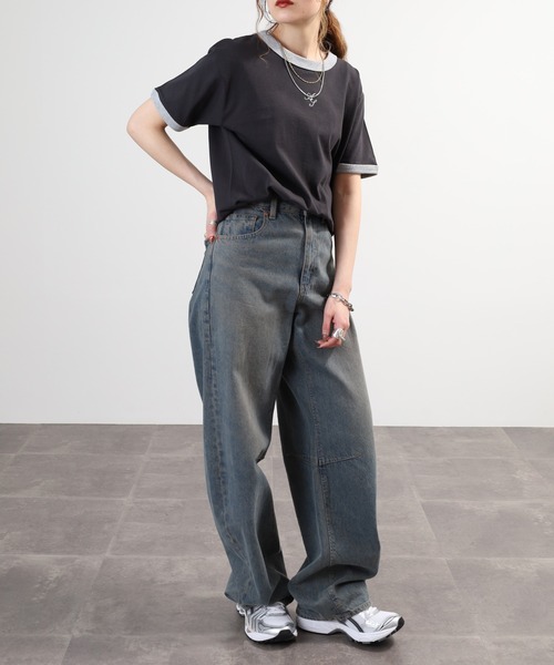＆soiree（アンドソワレ）の「&soiree ロゴ刺繍リンガーTシャツ 半袖（Tシャツ/カットソー・レディース・スミクロ/アイボリー/杢グレー・FREE）」の4枚目の写真