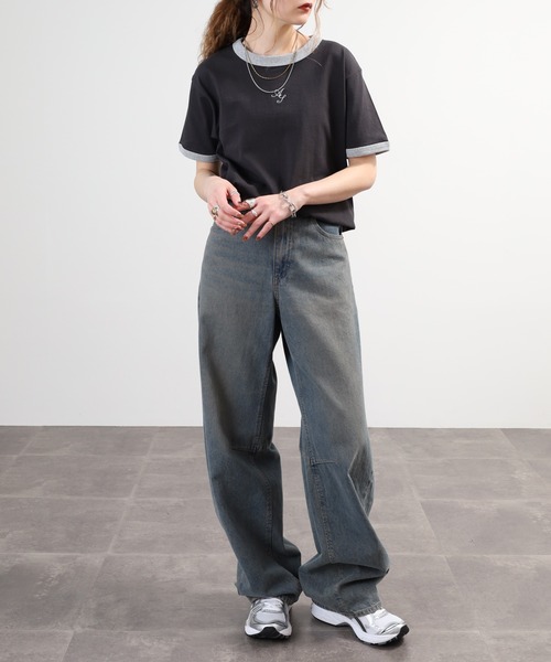＆soiree（アンドソワレ）の「&soiree ロゴ刺繍リンガーTシャツ 半袖（Tシャツ/カットソー・レディース・スミクロ/アイボリー/杢グレー・FREE）」の5枚目の写真