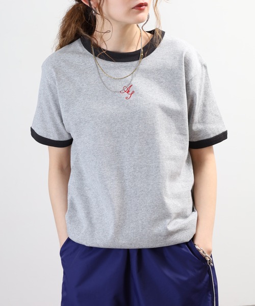 ＆soiree（アンドソワレ）の「&soiree ロゴ刺繍リンガーTシャツ 半袖（Tシャツ/カットソー・レディース・スミクロ/アイボリー/杢グレー・FREE）」の6枚目の写真