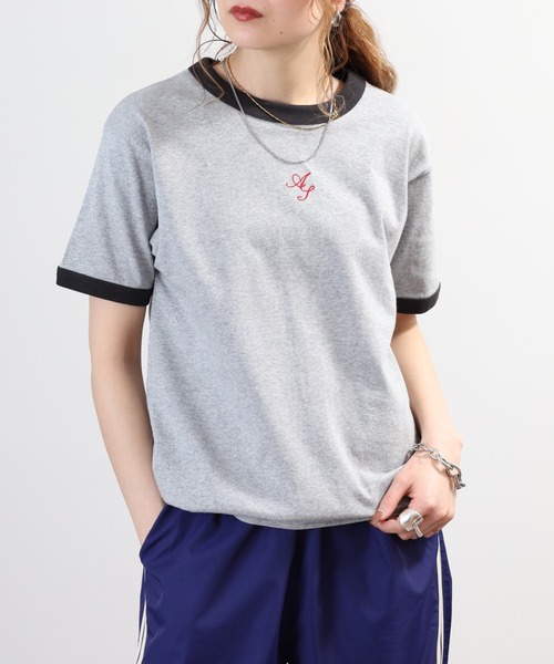 ＆soiree（アンドソワレ）の「&soiree ロゴ刺繍リンガーTシャツ 半袖（Tシャツ/カットソー・レディース・スミクロ/アイボリー/杢グレー・FREE）」の7枚目の写真
