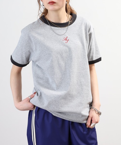 ＆soiree（アンドソワレ）の「&soiree ロゴ刺繍リンガーTシャツ 半袖（Tシャツ/カットソー・レディース・スミクロ/アイボリー/杢グレー・FREE）」の8枚目の写真