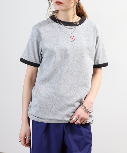 ＆soiree（アンドソワレ）の「&soiree ロゴ刺繍リンガーTシャツ 半袖（Tシャツ/カットソー・レディース・スミクロ/アイボリー/杢グレー・FREE）」の9枚目の写真