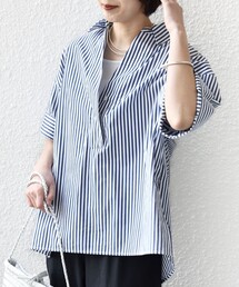 〈手洗い可能〉無地/ストライプ スキッパー サイド スリット 半袖 シャツ