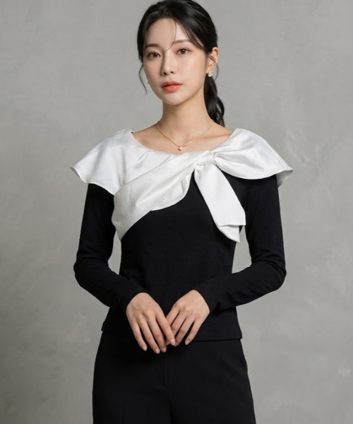 gossip！ロサンゼルス（ゴシップロサンゼルス）の「デコルテリボン ロングスリーブTシャツ（Tシャツ/カットソー・レディース・ホワイト/ブラック・FREE）」の5枚目の写真