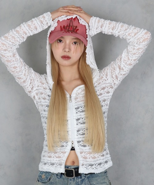 BARELY BLUE(ベアリーブルー)の「【 BARELY BLUE / ベアリーブルー 】 レース フード 付き フルジップ タイト トップス(Tシャツ/カットソー・レディース・ホワイト・S/M)」の5枚目の写真