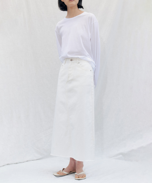 セール】Edge Cutting Denim Skirt_WHITE（スカート）｜STEP AROUND