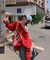 オーバーサイズ オフショルダールーズロングTシャツ