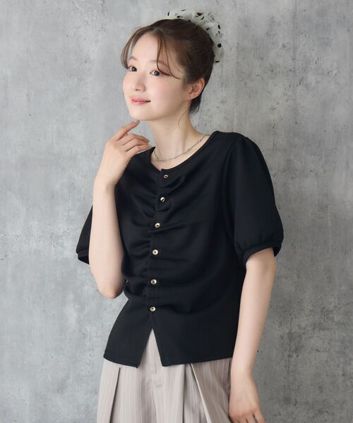 RETRO GIRL(レトロガール)の「フロントギャザー半袖カーデ(カーディガン/ボレロ・レディース・ブラック/ナチュラル/イエロー・FREE)」の5枚目の写真