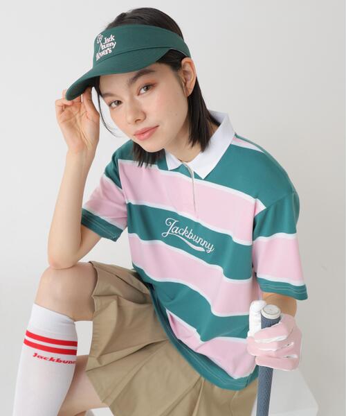 Jack Bunny!!(ジャックバニー)の「【Jack Bunny!!】PE先染めボーダー半袖ポロシャツ(ポロシャツ・レディース・ピンク/ネイビー・MEDIUM/SMALL)」の3枚目の写真
