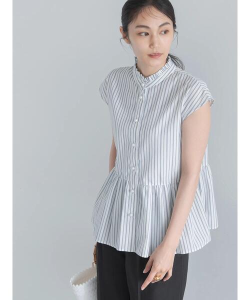 Te chichi（テチチ）の「フレンチスリーブスタンドフリルブラウス（シャツ/ブラウス・レディース・ネイビー/オフホワイト/サックスブルー・F）」の7枚目の写真