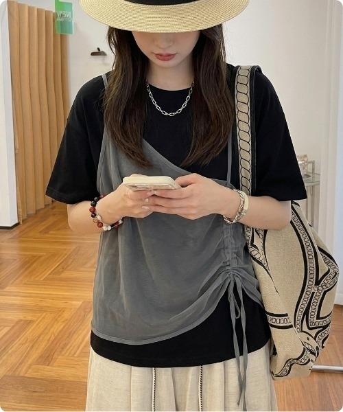 I.O.E(アイオイ)の「シアードッキング ドローストリングTシャツ(Tシャツ/カットソー・レディース・グレー/ホワイト/ブラック・FREE)」の3枚目の写真