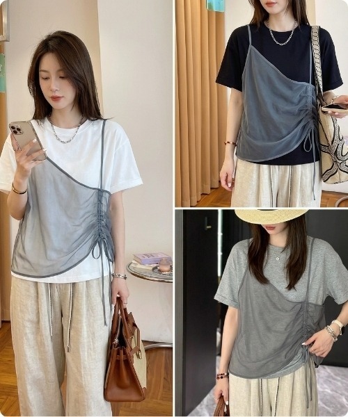I.O.E(アイオイ)の「シアードッキング ドローストリングTシャツ(Tシャツ/カットソー・レディース・グレー/ホワイト/ブラック・FREE)」の4枚目の写真