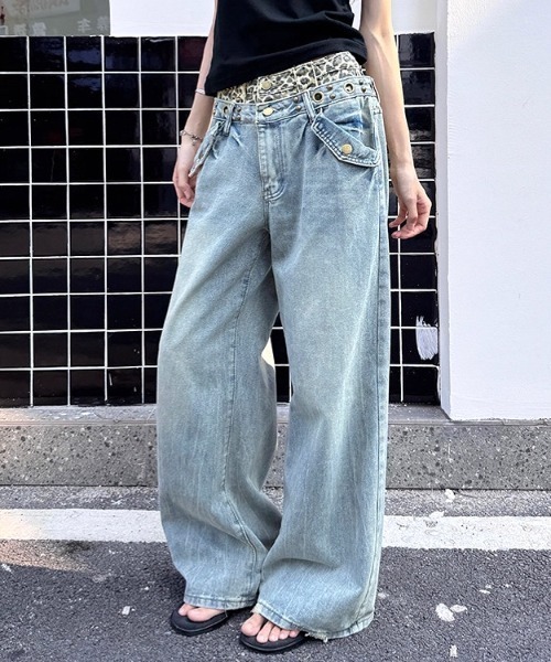 SHEENA(シーナ)の「レオパードダブルウエストヴィンテージライクデニムワイドパンツ(デニムパンツ・レディース・ブルー・S/M/L)」の18枚目の写真